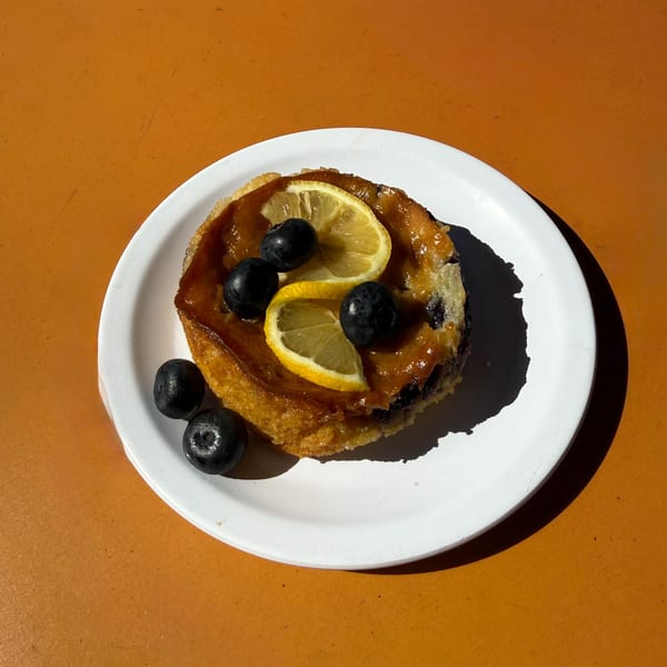 A golden-brown pastry topped with lemon slices and blueberries on a white plate.